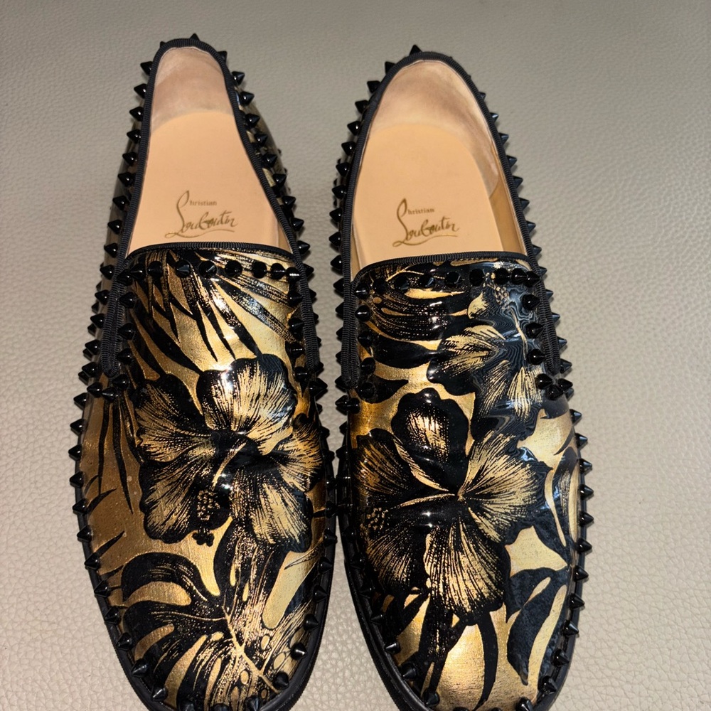 Christian Louboutin Gold and Black Floral Spiked Loafers